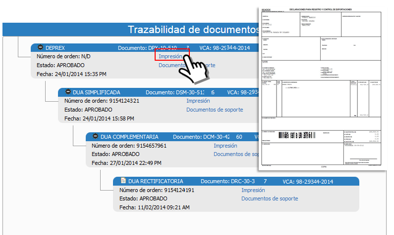 Trazabilidad Vista Impresión de Documentos de Soporte