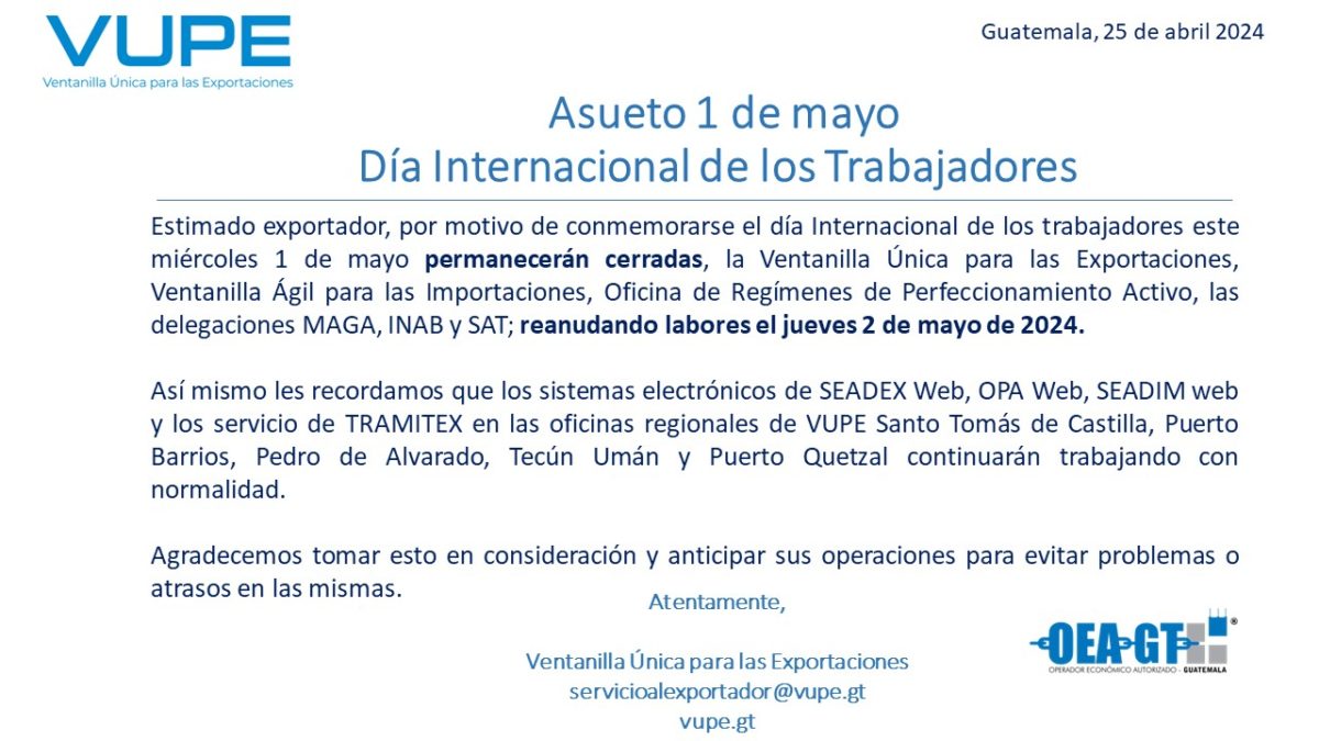 Asueto 1 de mayo Día Internacional de los Trabajadores - VUPE
