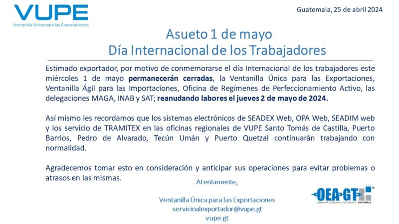 Asueto 1 de mayo Día Internacional de los Trabajadores - VUPE