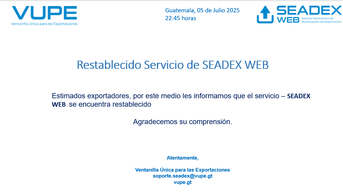 Restablecido Servicio de SEADEX WEB 05.07